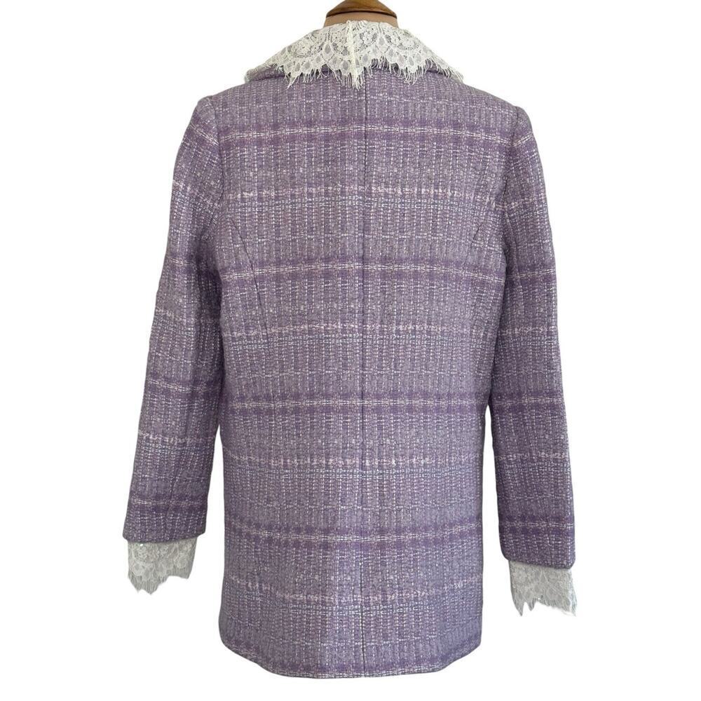 MARIE ELIE Lavender Tweed Wool Lace Trim Designer Blazer Metallic Jacket Sz L - Picture 7 of 12